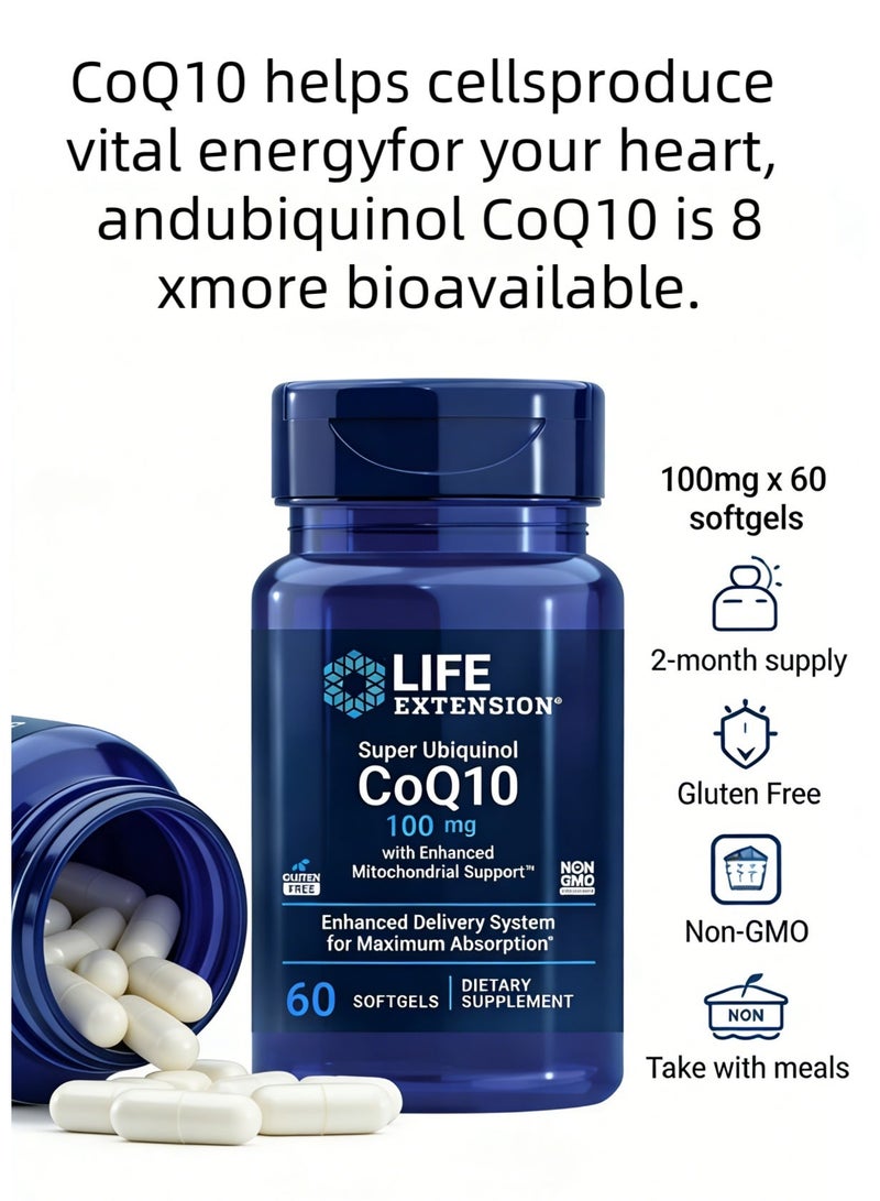 Life Extension Super Ubiquinol CoQ10 with Enhanced Mitochondrial Support, Strong Heart Health and Support Cellular Energy Production, Ultra Absorbable, Gluten Free, Non-GMO, 100 mg, 60 Softgels - Image 2
